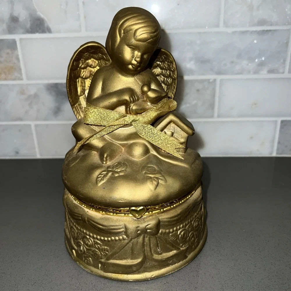 Vtg Trinket-Keepsake Box Cherub Bird Porcelain Gilded Hinged Snap Lock 4